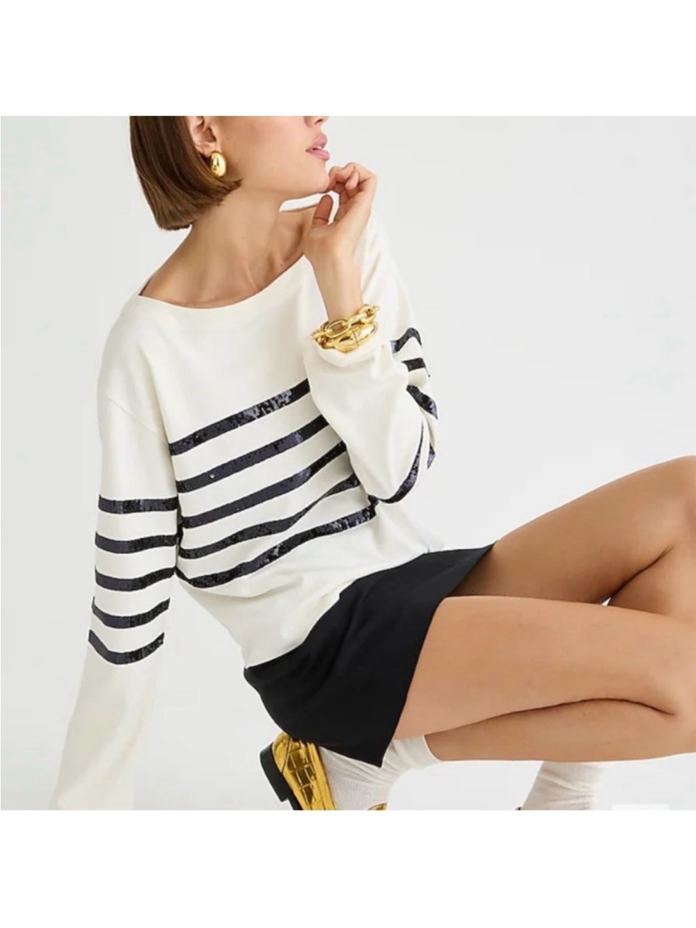 J. Crew Mariner Metallic Striped Blue and White Boat neck Cotton Top, size S